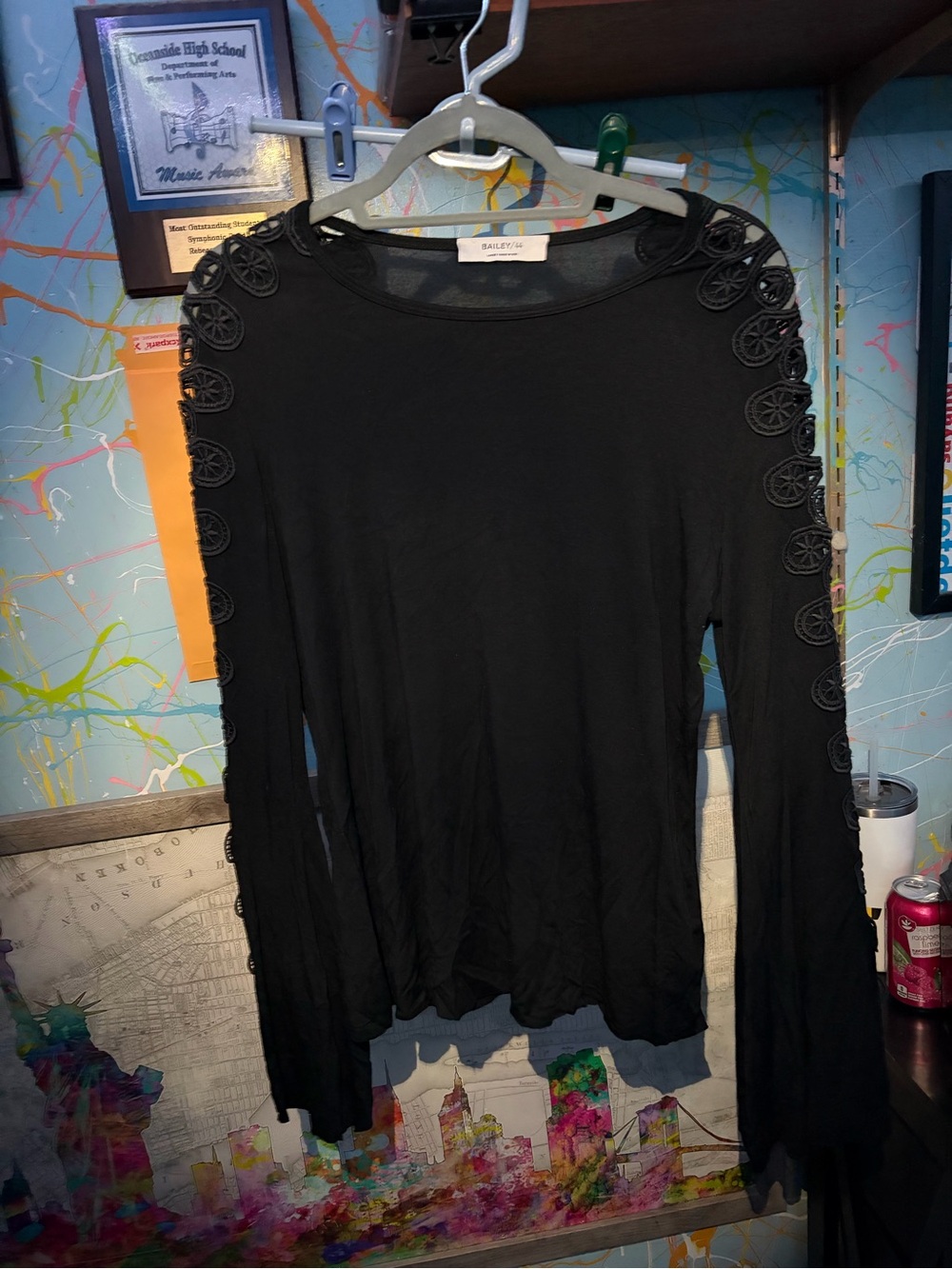 Bailey 44 Black Long-Sleeve Top with Decorative Crochet Trim Sleeves